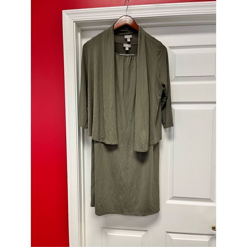 J. Jill Stretch Olive Green Sleeveless Jersey Dress & Jacket sz M EUC
